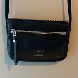 Fossil Black Leather Crossbody with Silver Zippers